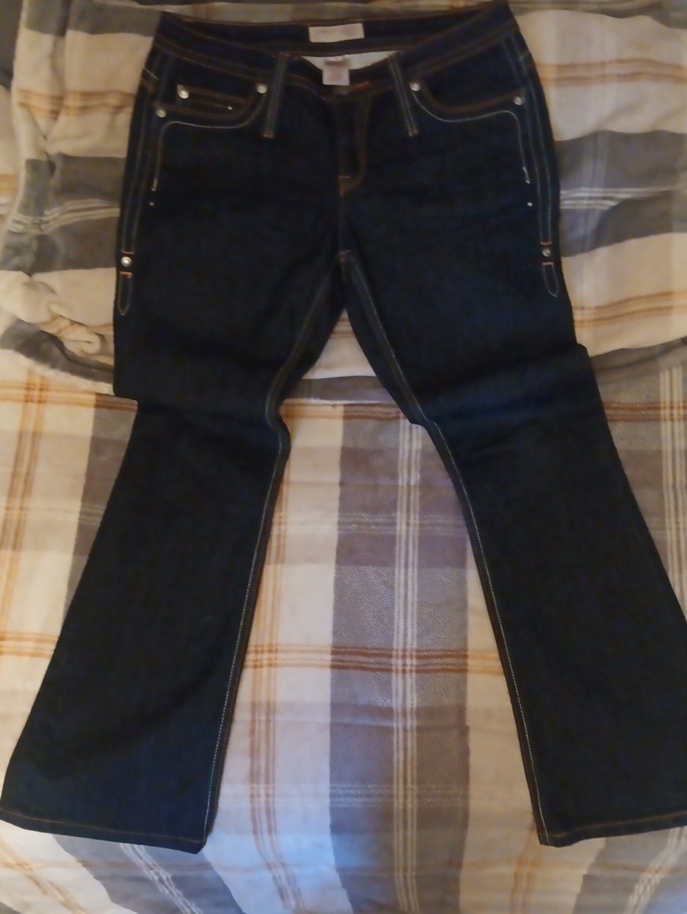 Women's Flare Leg Blue Denim Jeans with Contrast Stitching